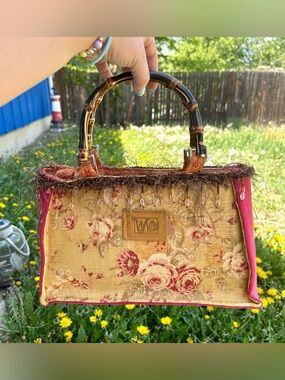 Floral Bamboo-Handle Hobo Bag in Beige and Pink